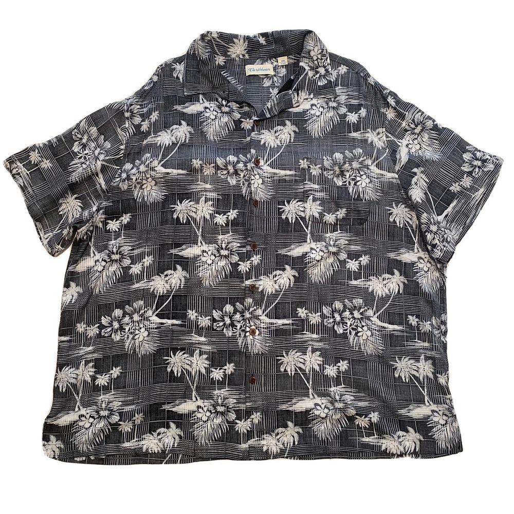 Caribbean Hawaiian Mens Shirt 3XB Gray Palms Short Sleeve 100% Rayon‎ Button Up